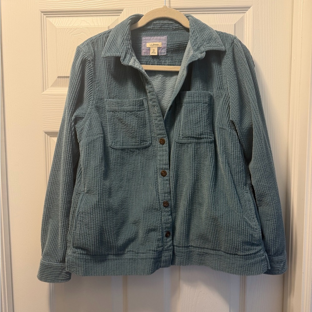 L.L. Bean Comfort Corduroy Teal Relaxed Shirt Jacket.